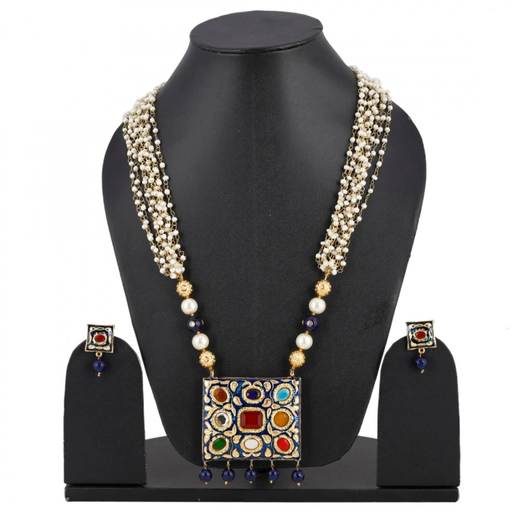 Designer Blue Navratan and Kundan Necklace Set with Onyx Beads