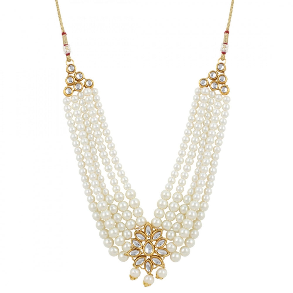 Traditional Gold Plated White 5 Layer Kundan Necklace Set with Earrings