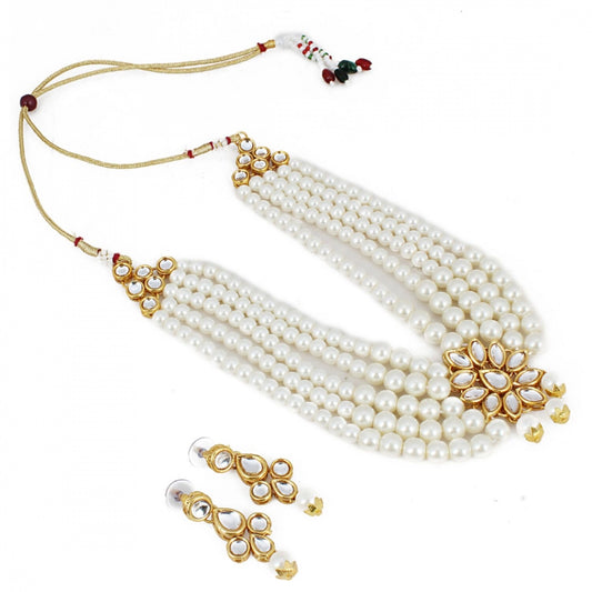 Traditional Gold Plated White 5 Layer Kundan Necklace Set with Earrings