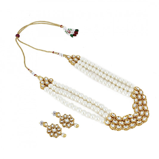 Three Layer White Pearl Gold Plated Kundan Necklace Set with Earrings