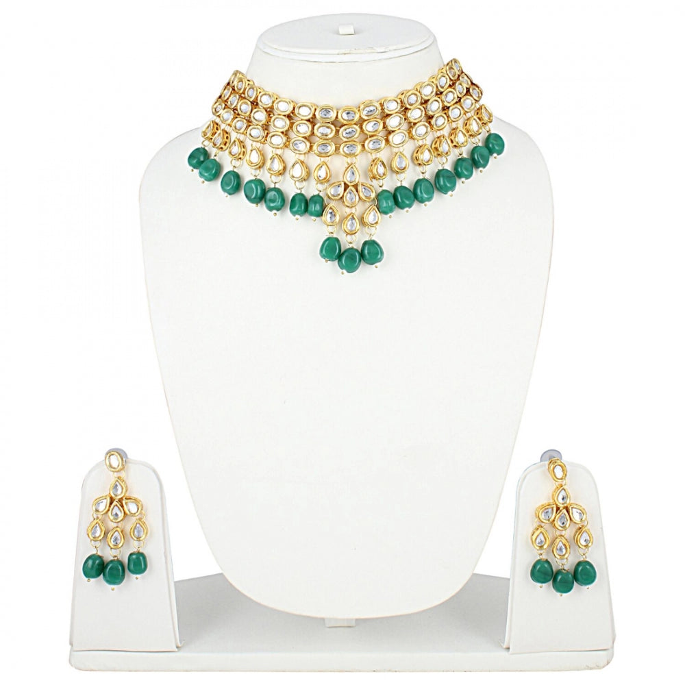 Green Kundan Metal Necklace With Earrings Set