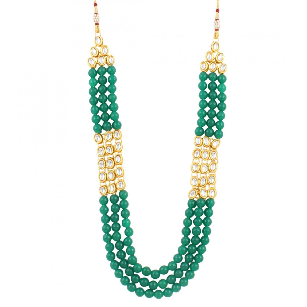 Three Layer Gold Plated Green Kundan Necklace Set with Earrings