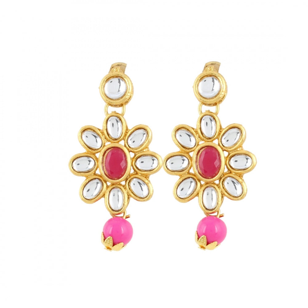 Three Layer Gold Plated Pink Kundan Necklace Set with Earrings