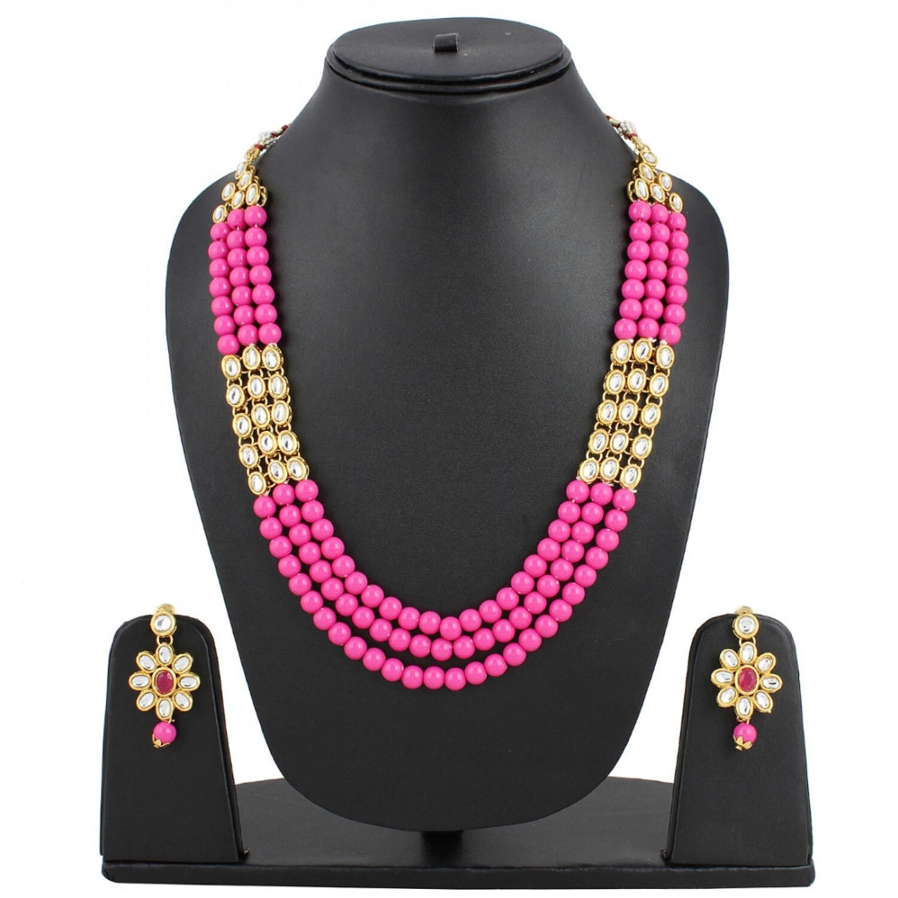 Three Layer Gold Plated Pink Kundan Necklace Set with Earrings