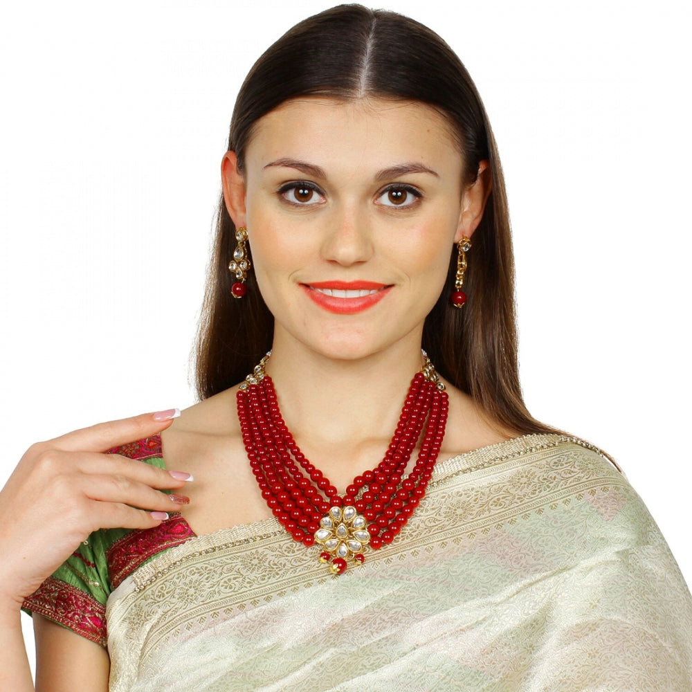 Traditional Gold Plated Maroon 5 Layer Kundan Necklace Set with Earrings