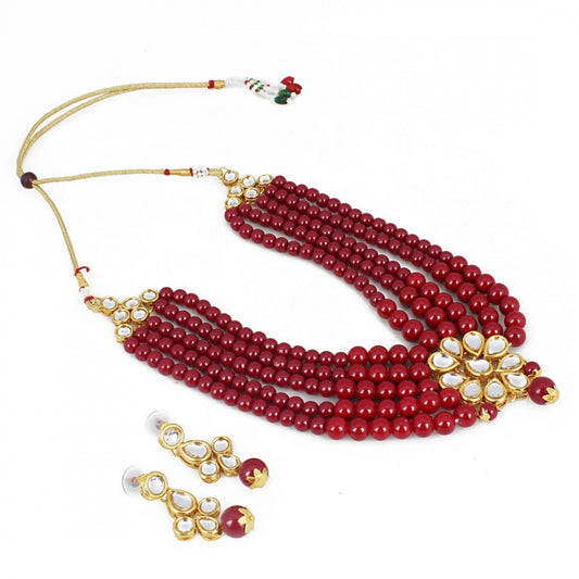 Traditional Gold Plated Maroon 5 Layer Kundan Necklace Set with Earrings