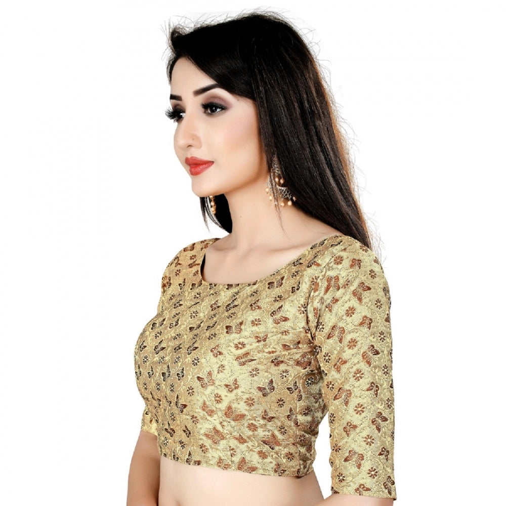 Amfyn Women's Brocade, Inner-Cotton Full Stitched Padded Blouse (Chiku cofee)