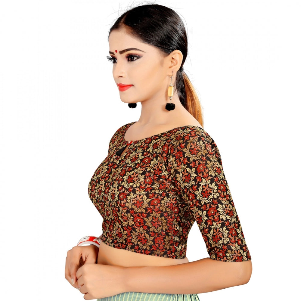 Amfyn Women's Brocade, Inner-Cotton Full Stitched Padded Blouse (Black Red)