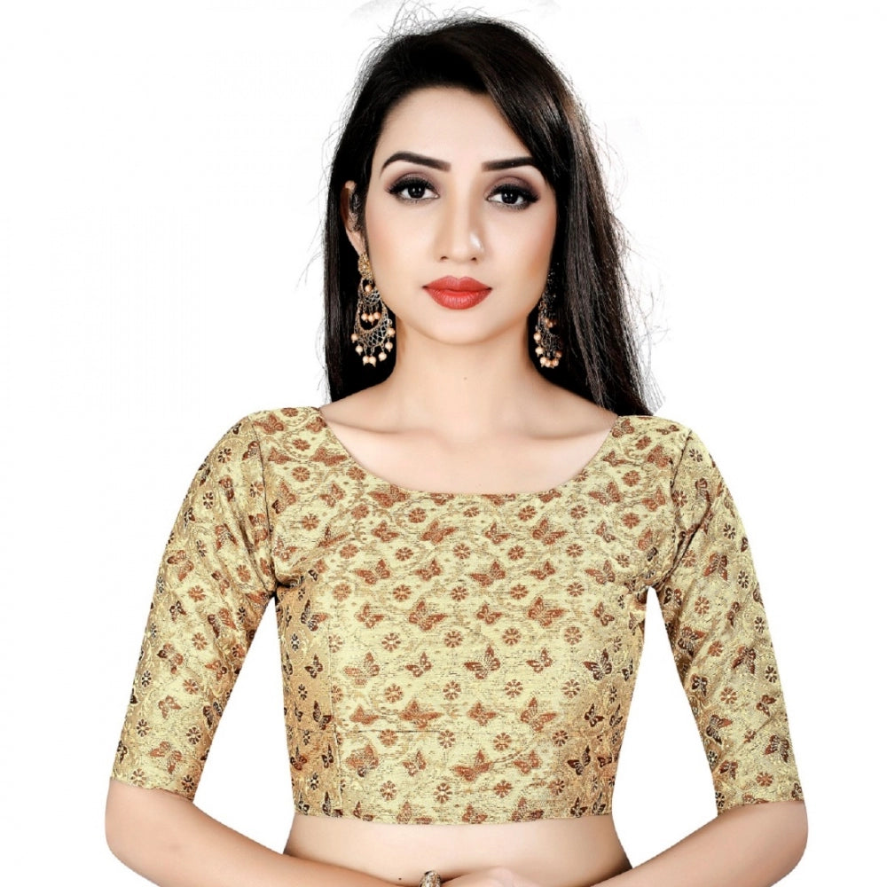 Amfyn Women's Brocade, Inner-Cotton Full Stitched Padded Blouse (Chiku cofee)