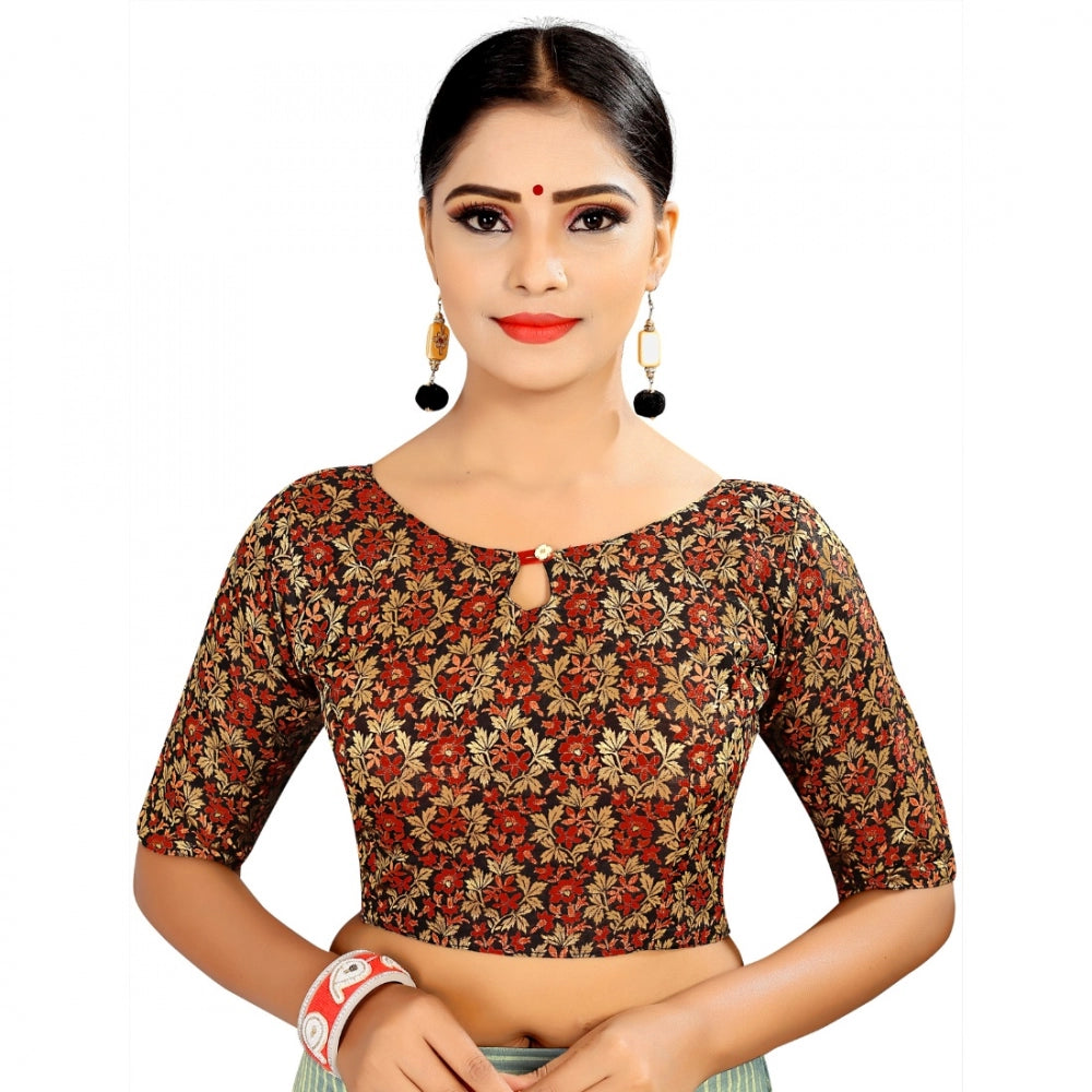 Amfyn Women's Brocade, Inner-Cotton Full Stitched Padded Blouse (Black Red)