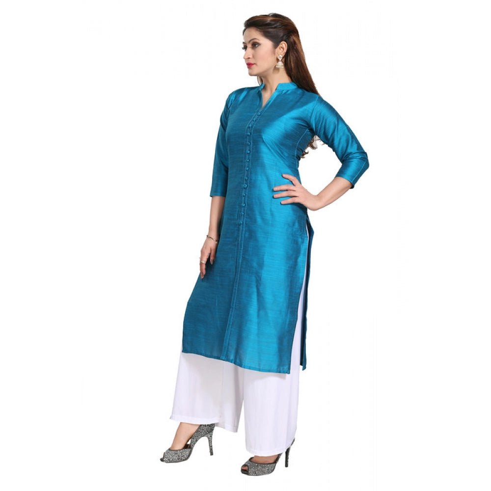 Amfyn Women's Silk Self Pattern Straight Kurti-Blue