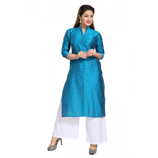 Amfyn Women's Silk Self Pattern Straight Kurti-Blue