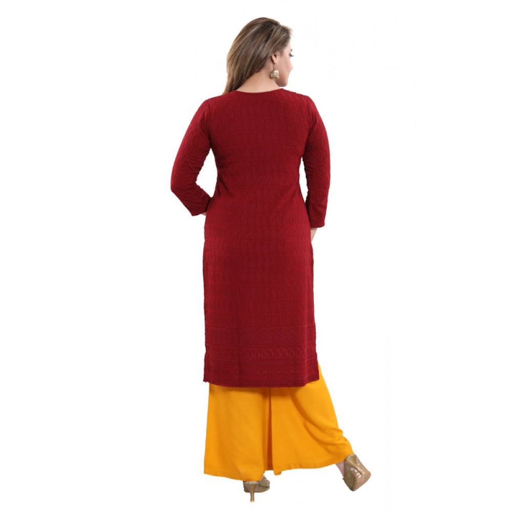 Amfyn Women's Rayon Embroidered Straight Kurti-Maroon