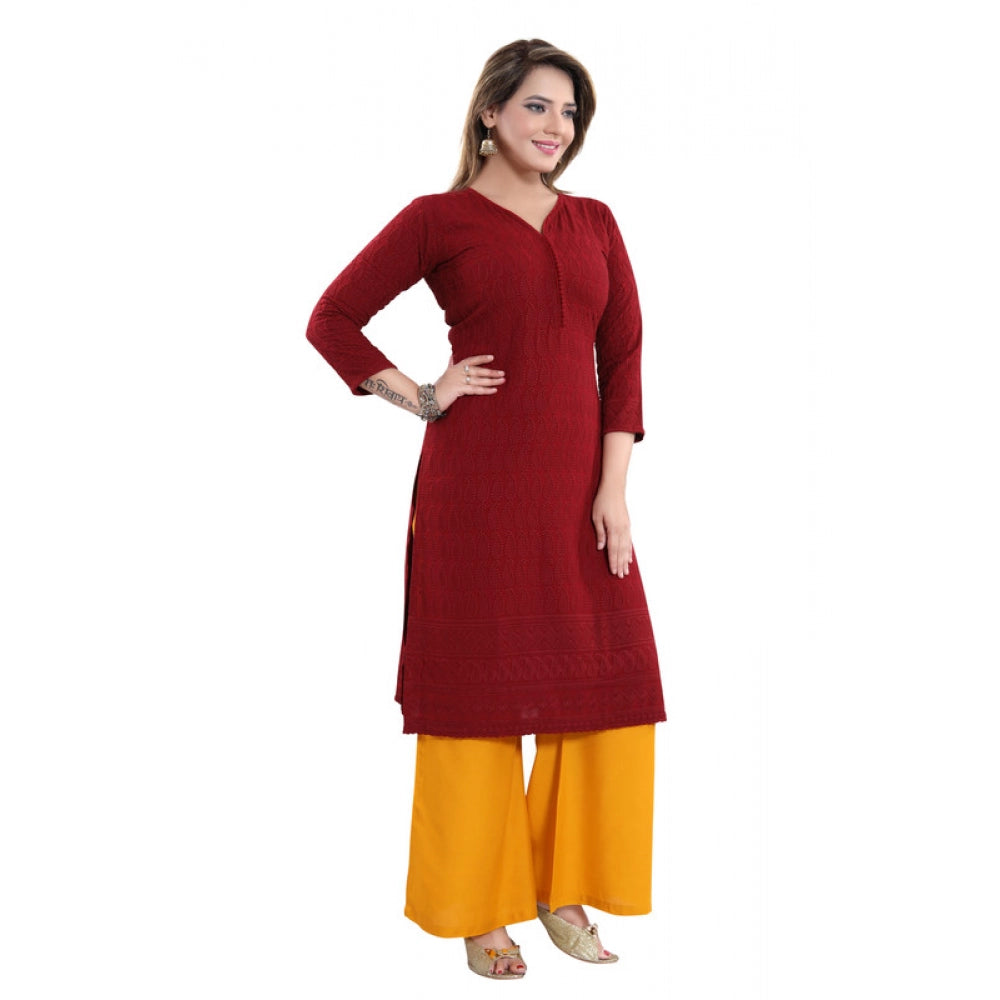 Amfyn Women's Rayon Embroidered Straight Kurti-Maroon