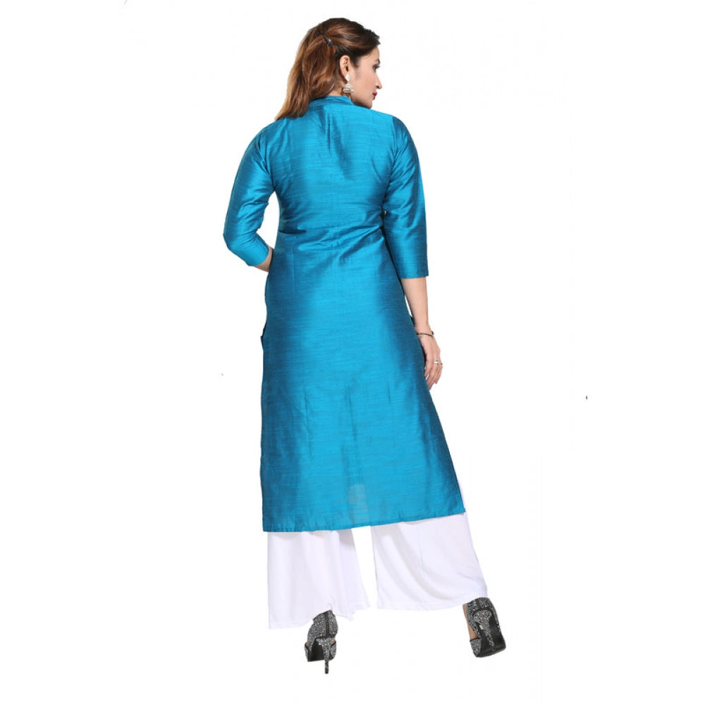 Amfyn Women's Silk Self Pattern Straight Kurti-Blue