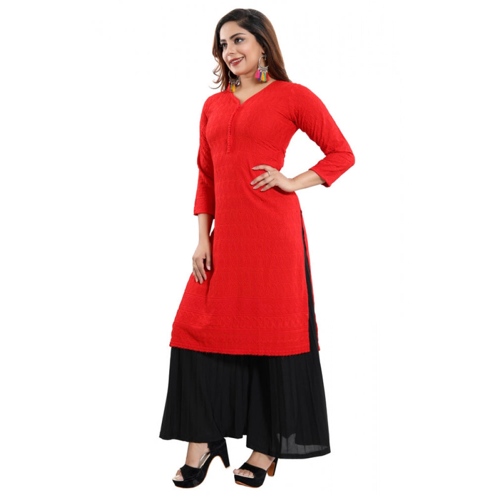 Amfyn Women's Rayon Embroidered Straight Kurti-Red