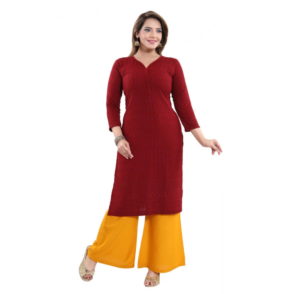 Amfyn Women's Rayon Embroidered Straight Kurti-Maroon