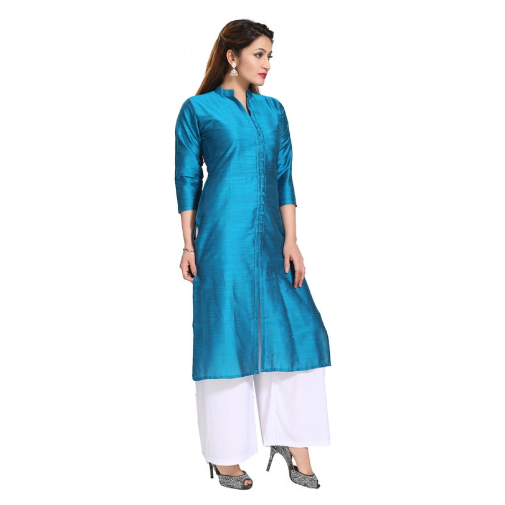 Amfyn Women's Silk Self Pattern Straight Kurti-Blue