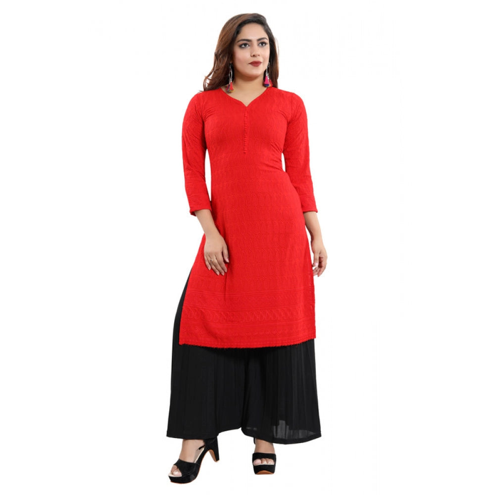 Amfyn Women's Rayon Embroidered Straight Kurti-Red