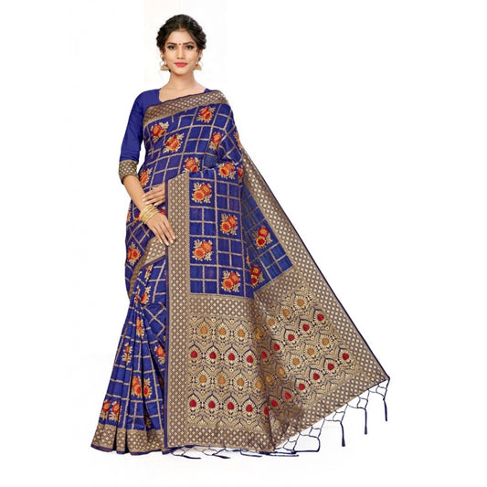 Amfyn Women's Banarasi Silk Saree (Navy blue, 5-6mtrs)