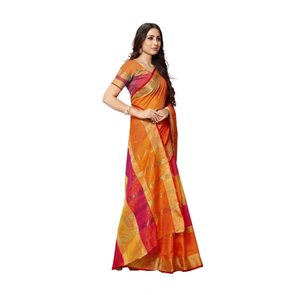 Amfyn Women's Kota Doria Cotton Saree With Blouse (Orange,6-3 Mtrs)