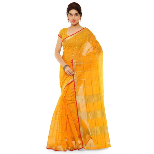 Amfyn Women's Kota Doria Cotton Saree With Blouse (Yellow,6-3 Mtrs)