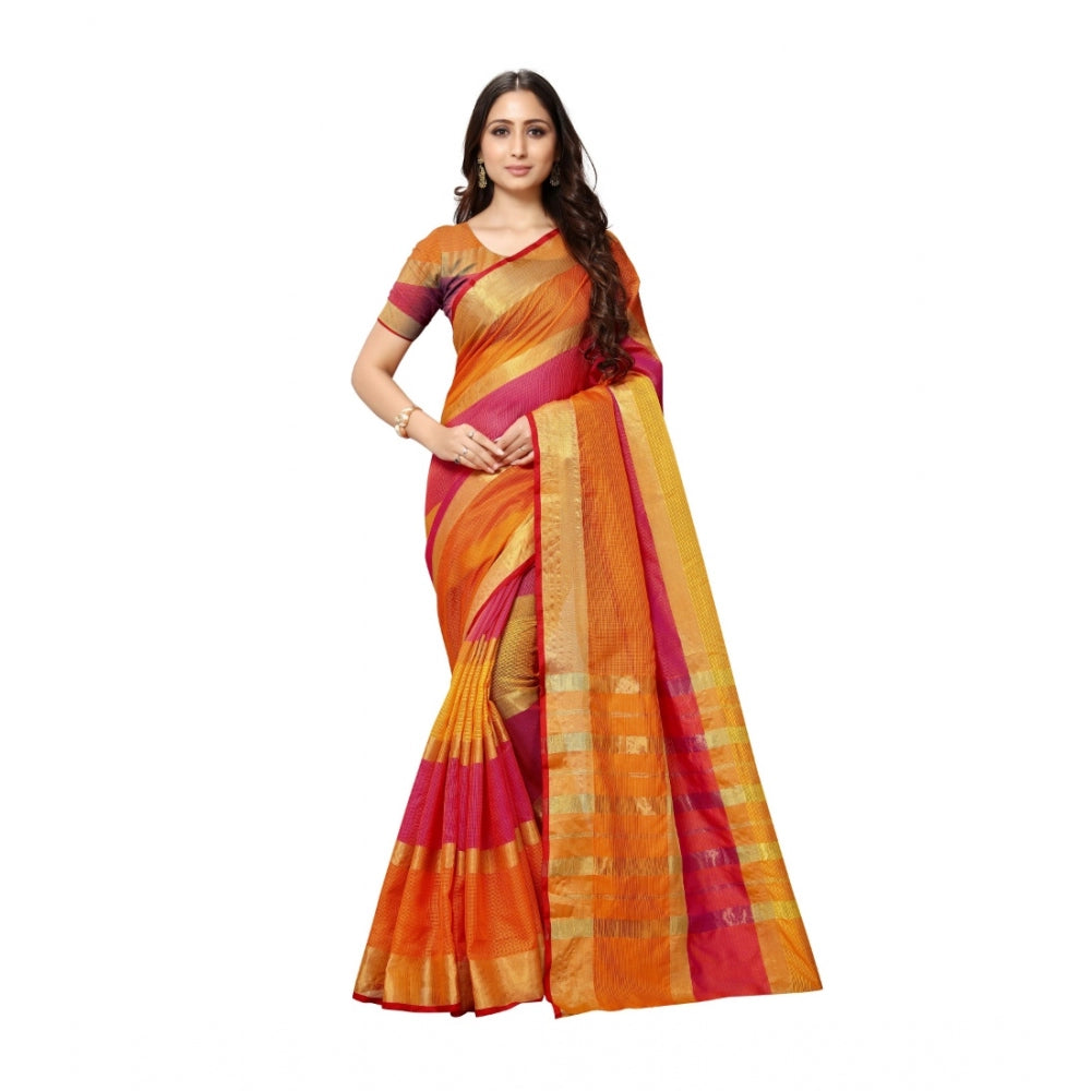 Amfyn Women's Kota Doria Cotton Saree With Blouse (Orange,6-3 Mtrs)