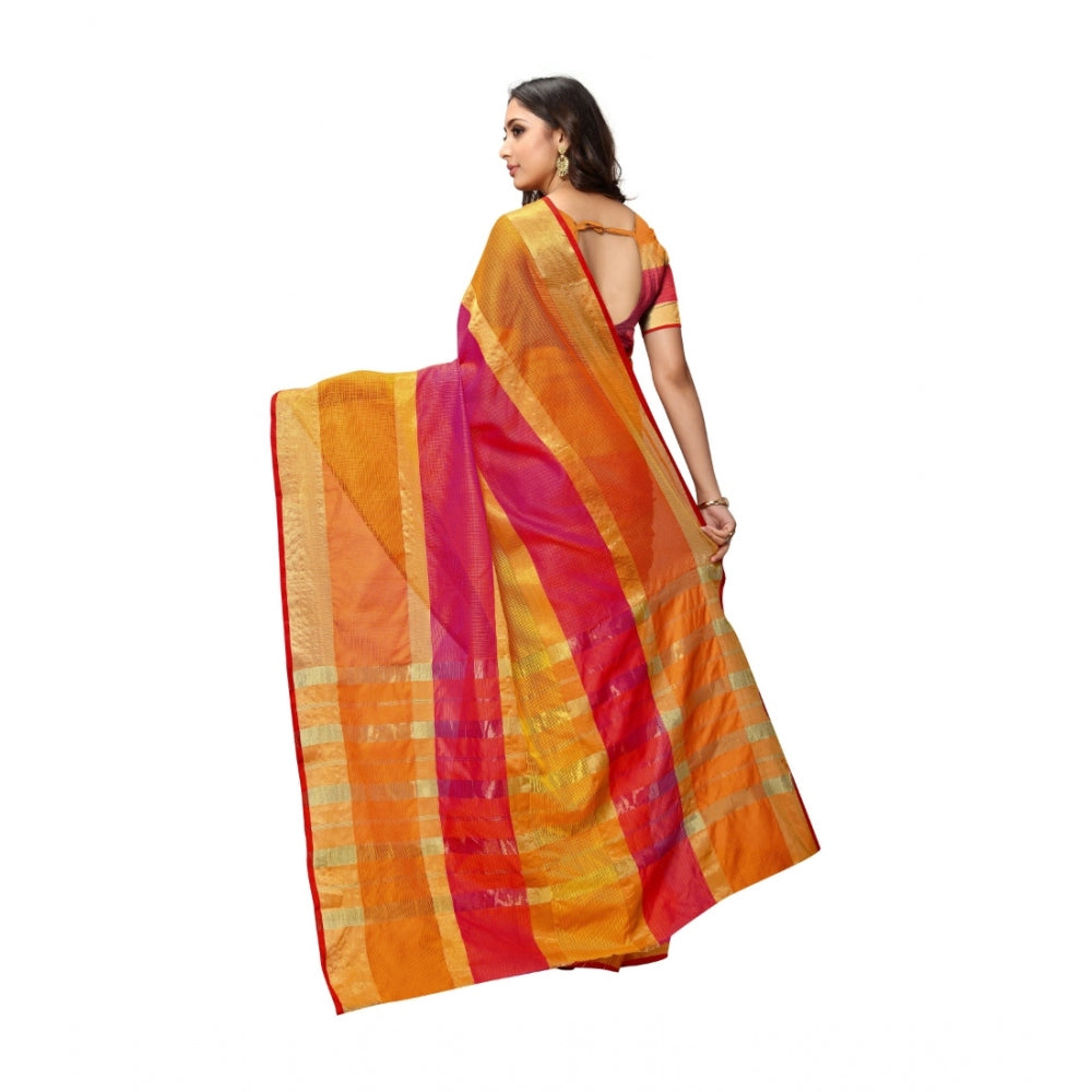 Amfyn Women's Kota Doria Cotton Saree With Blouse (Orange,6-3 Mtrs)