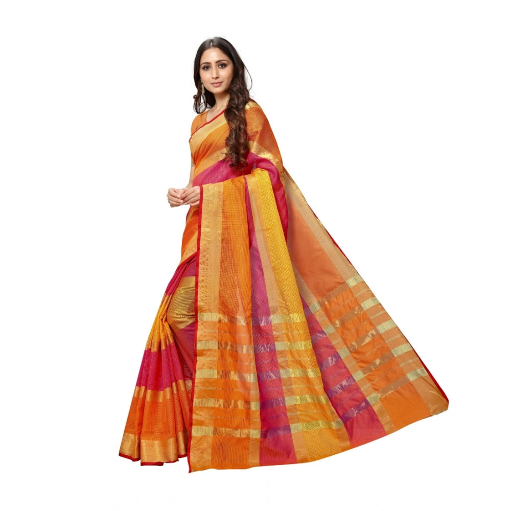 Amfyn Women's Kota Doria Cotton Saree With Blouse (Orange,6-3 Mtrs)