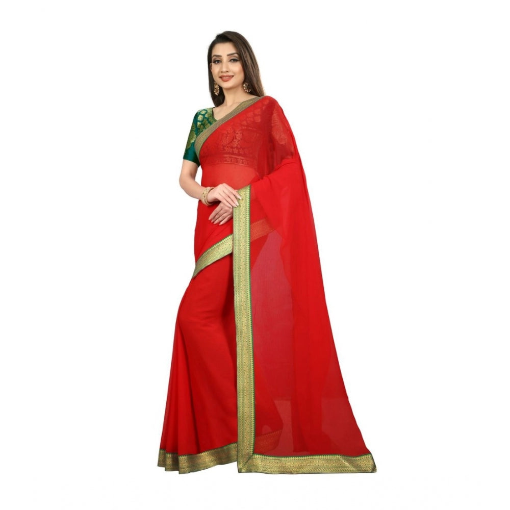 Amfyn Women's Chiifon, Jacquard Blouse Saree(Red,5-6 Mtrs)