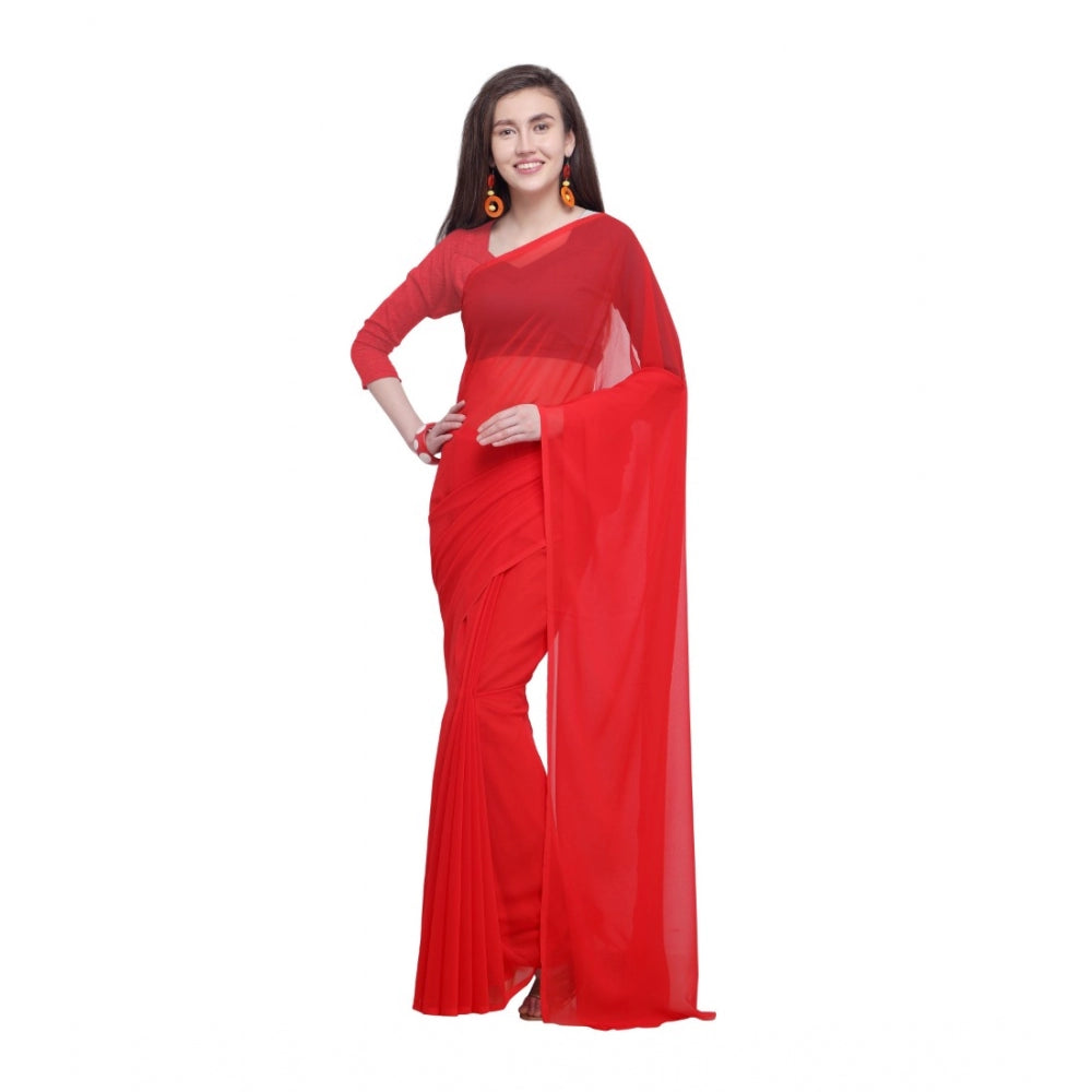 Amfyn Women's Dyed Saree(Red,5-6 Mtrs)