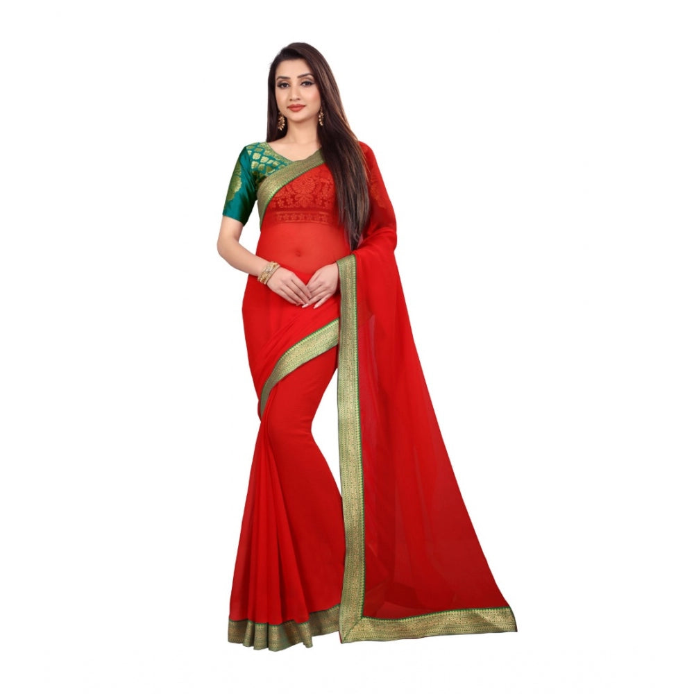 Amfyn Women's Chiifon, Jacquard Blouse Saree(Red,5-6 Mtrs)