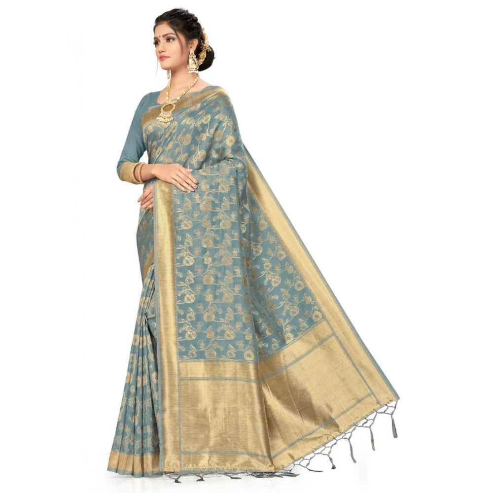 Amfyn Women's Banarasi (Spun Cotton) Saree (Grey,5-6 Mtrs)