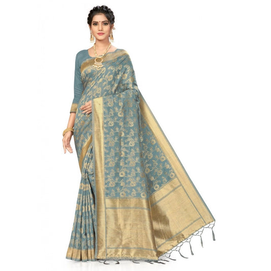 Amfyn Women's Banarasi (Spun Cotton) Saree (Grey,5-6 Mtrs)