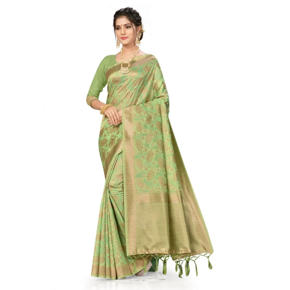 Amfyn Women's Banarasi (Spun Cotton) Saree (Pista Green,5-6 Mtrs)