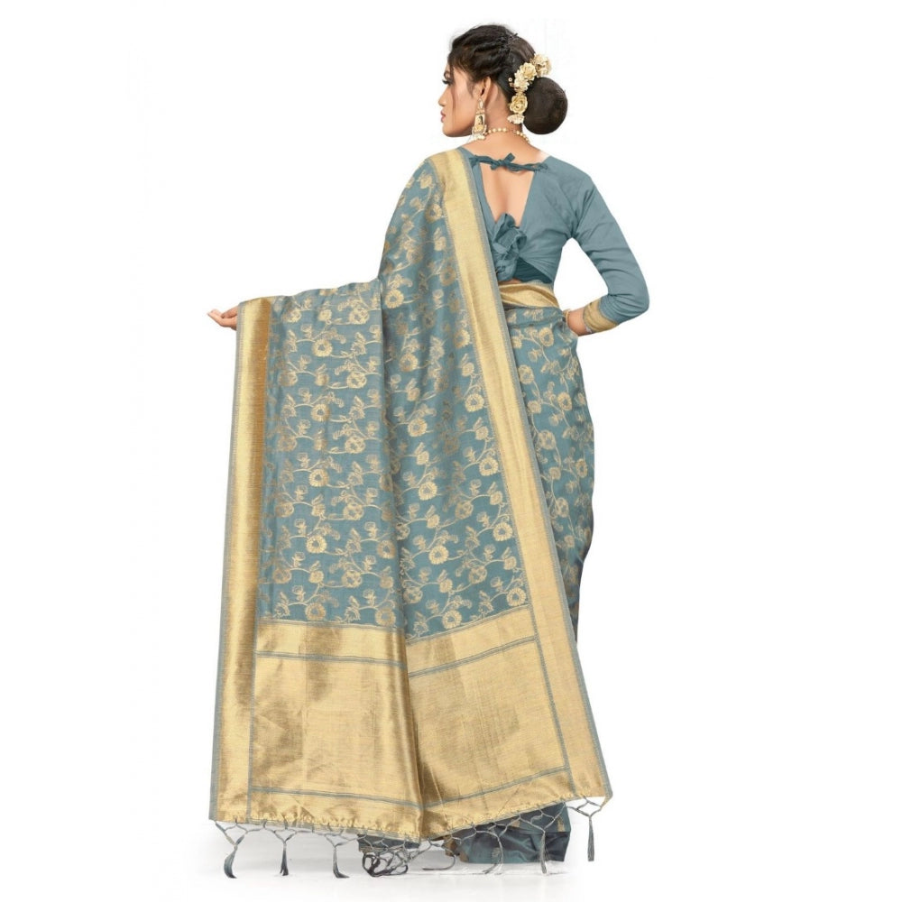 Amfyn Women's Banarasi (Spun Cotton) Saree (Grey,5-6 Mtrs)