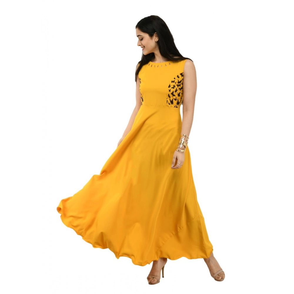 Amfyn Women's Crepe Solid Sleeveless Full Length Gown(Yellow)