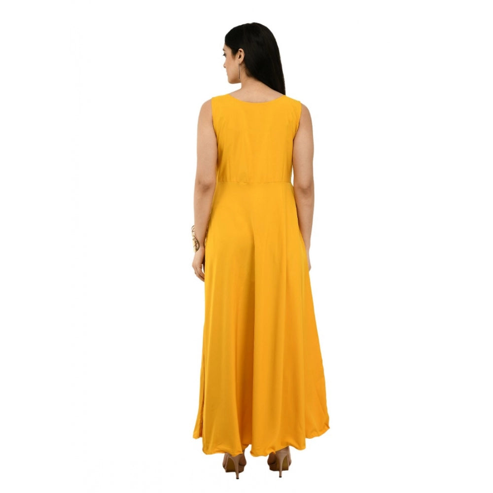 Amfyn Women's Crepe Solid Sleeveless Full Length Gown(Yellow)