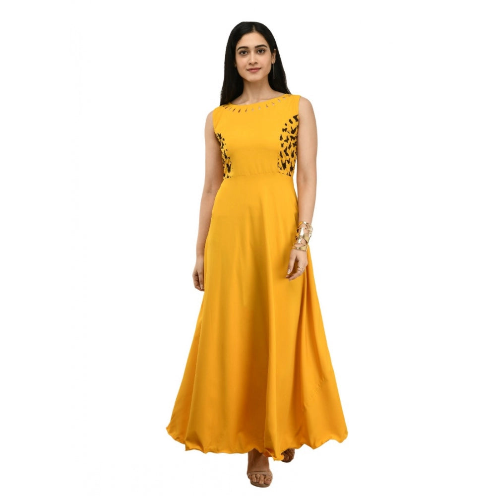 Amfyn Women's Crepe Solid Sleeveless Full Length Gown(Yellow)