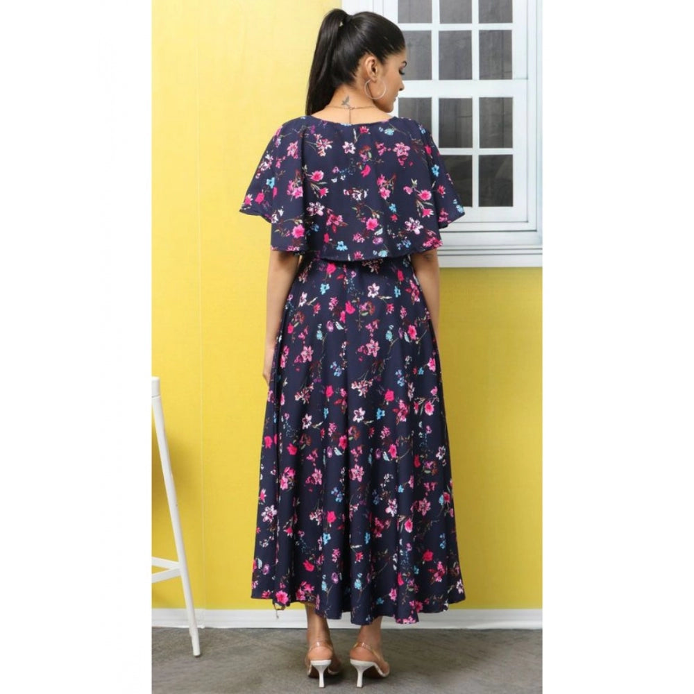 Amfyn Women's Crepe Floral Half Sleeves Full Length Gown(Dark Blue)