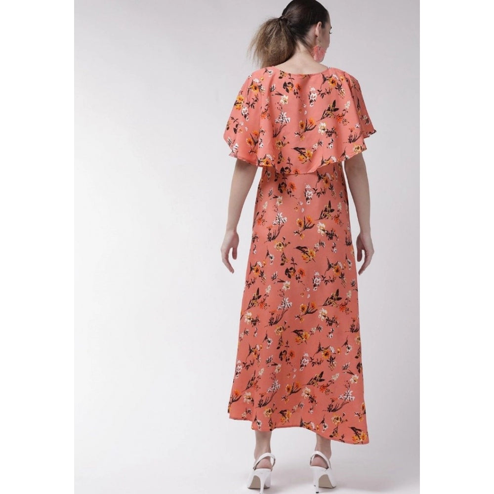 Amfyn Women's Crepe Floral Half Sleeves Full Length Gown(Orange)