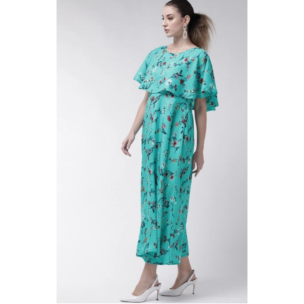 Amfyn Women's Crepe Floral Half Sleeves Full Length Gown(Turquoise)