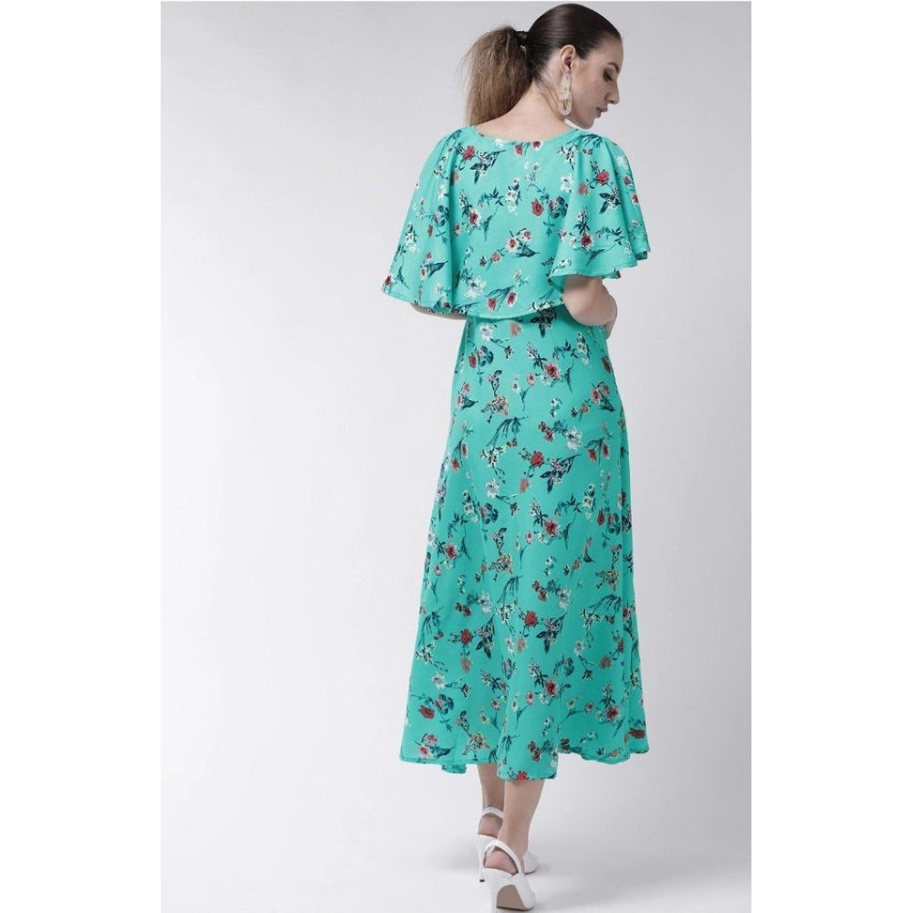 Amfyn Women's Crepe Floral Half Sleeves Full Length Gown(Turquoise)