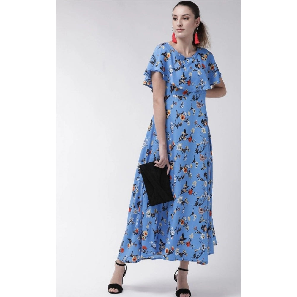 Amfyn Women's Crepe Floral Half Sleeves Full Length Gown(Blue)