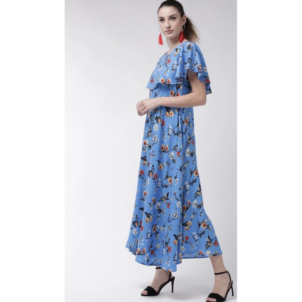 Amfyn Women's Crepe Floral Half Sleeves Full Length Gown(Blue)