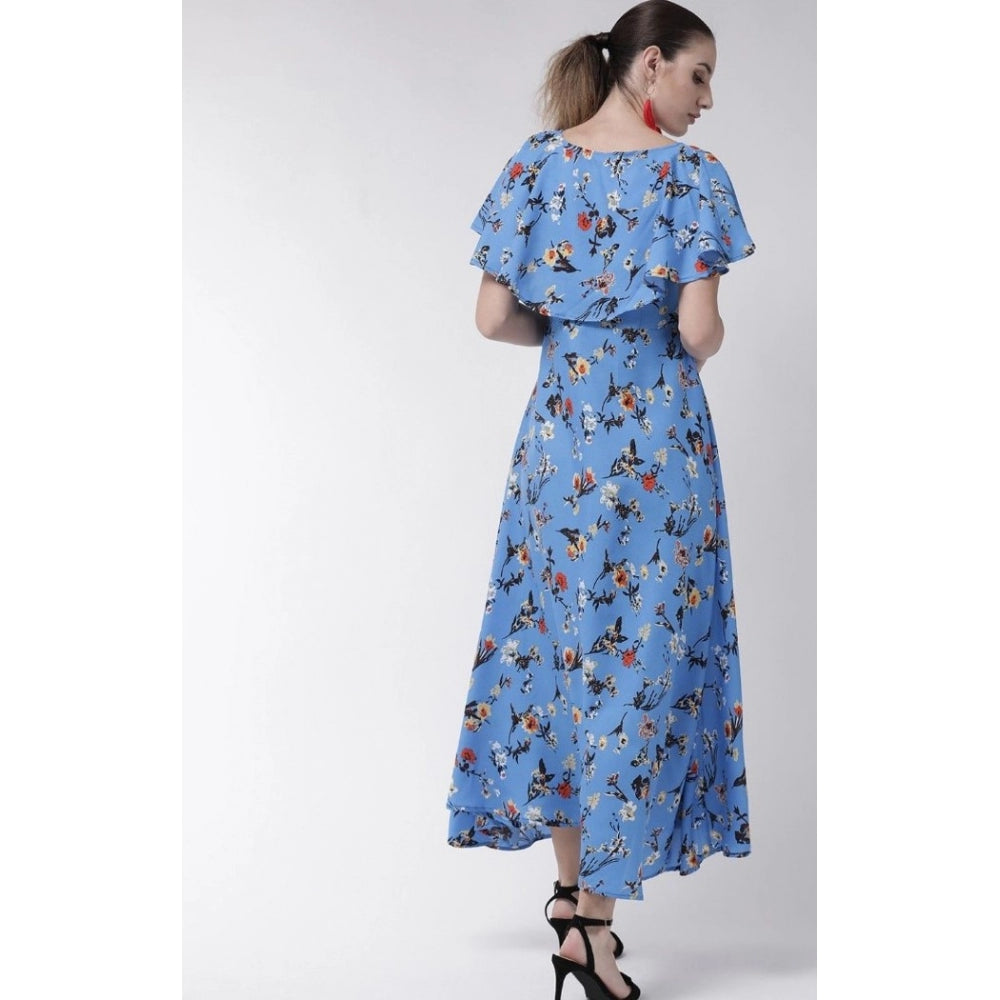 Amfyn Women's Crepe Floral Half Sleeves Full Length Gown(Blue)