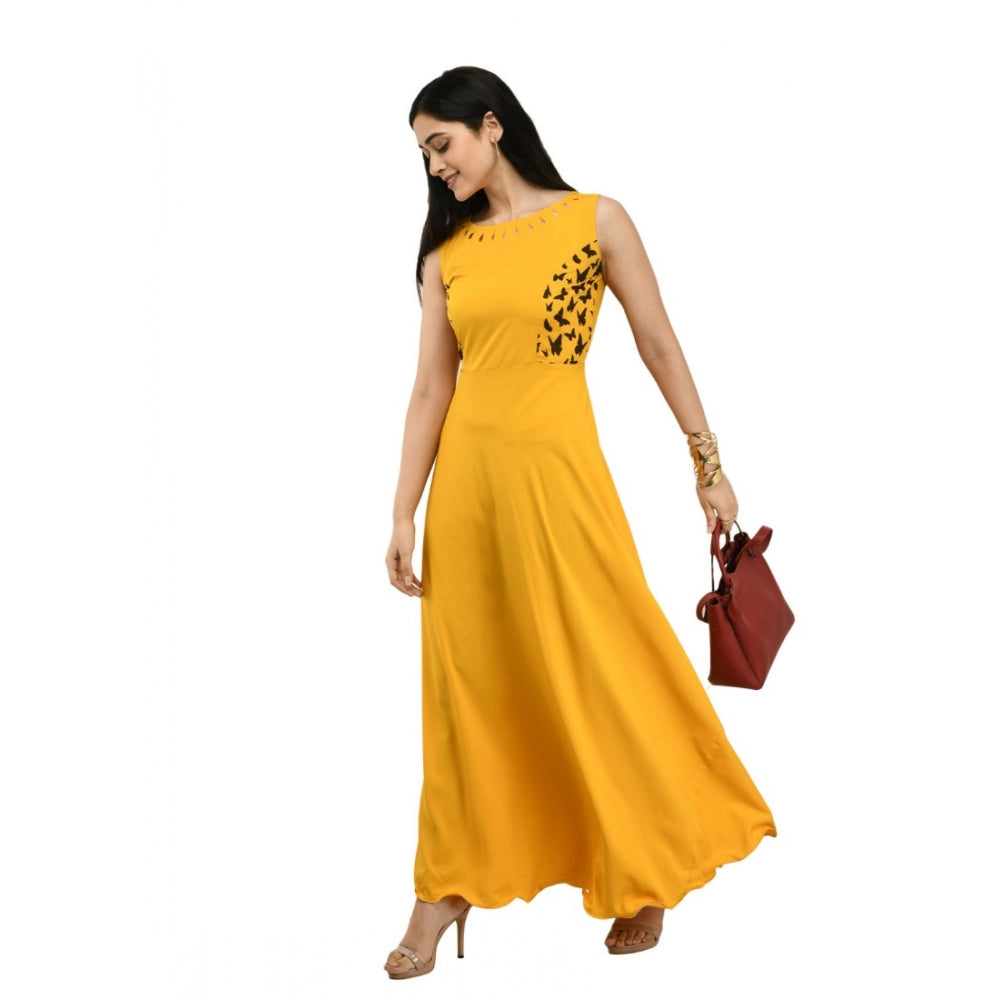 Amfyn Women's Crepe Solid Sleeveless Full Length Gown(Yellow)