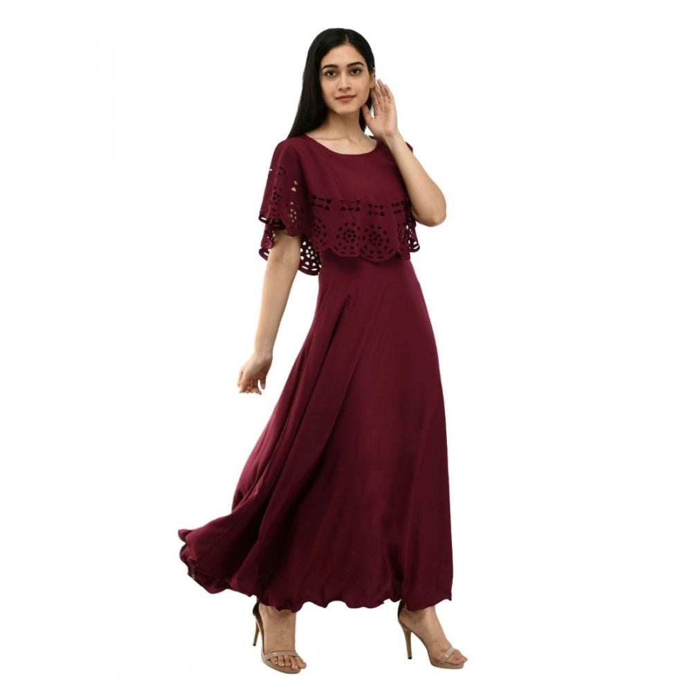 Amfyn Women's Crepe Solid Sleeveless Full Length Gown(Wine)