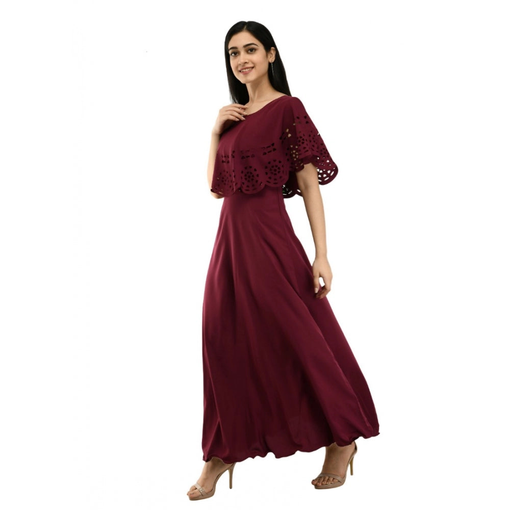 Amfyn Women's Crepe Solid Sleeveless Full Length Gown(Wine)