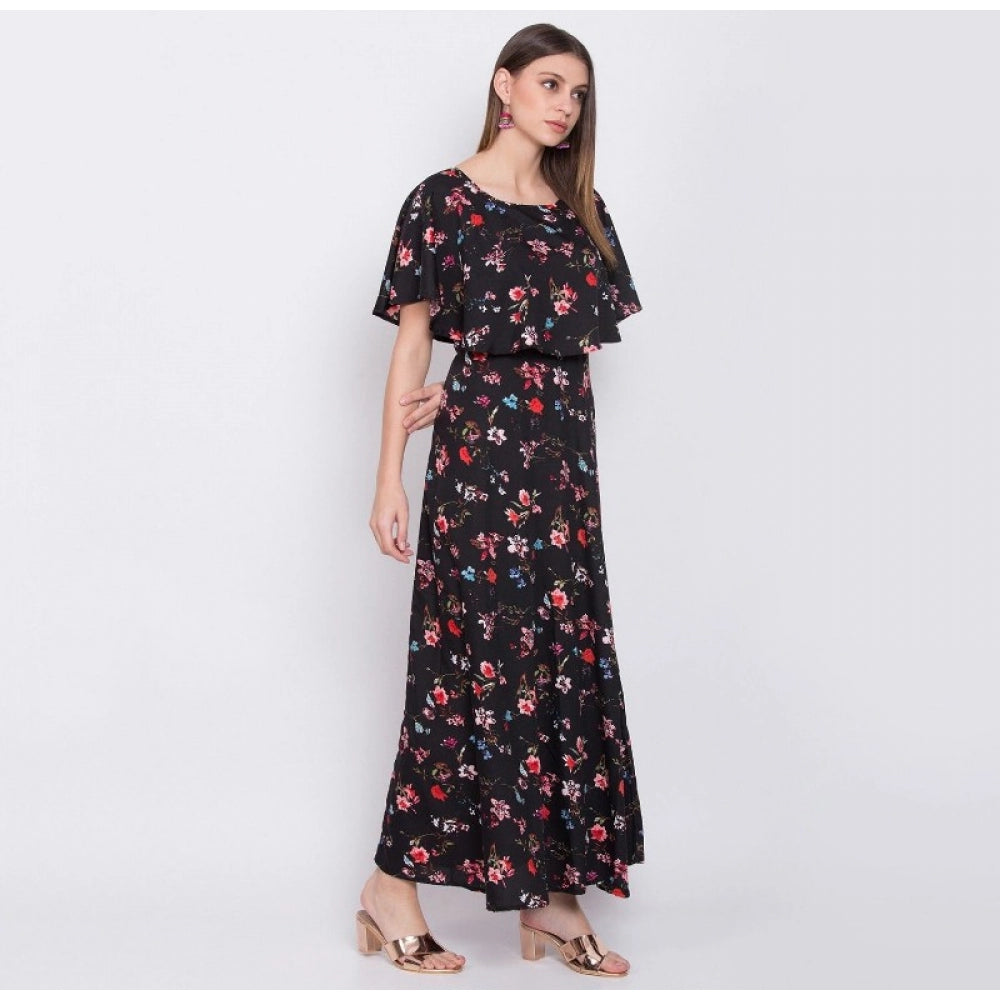 Amfyn Women's Crepe Floral Half Sleeves Full Length Gown(Black)